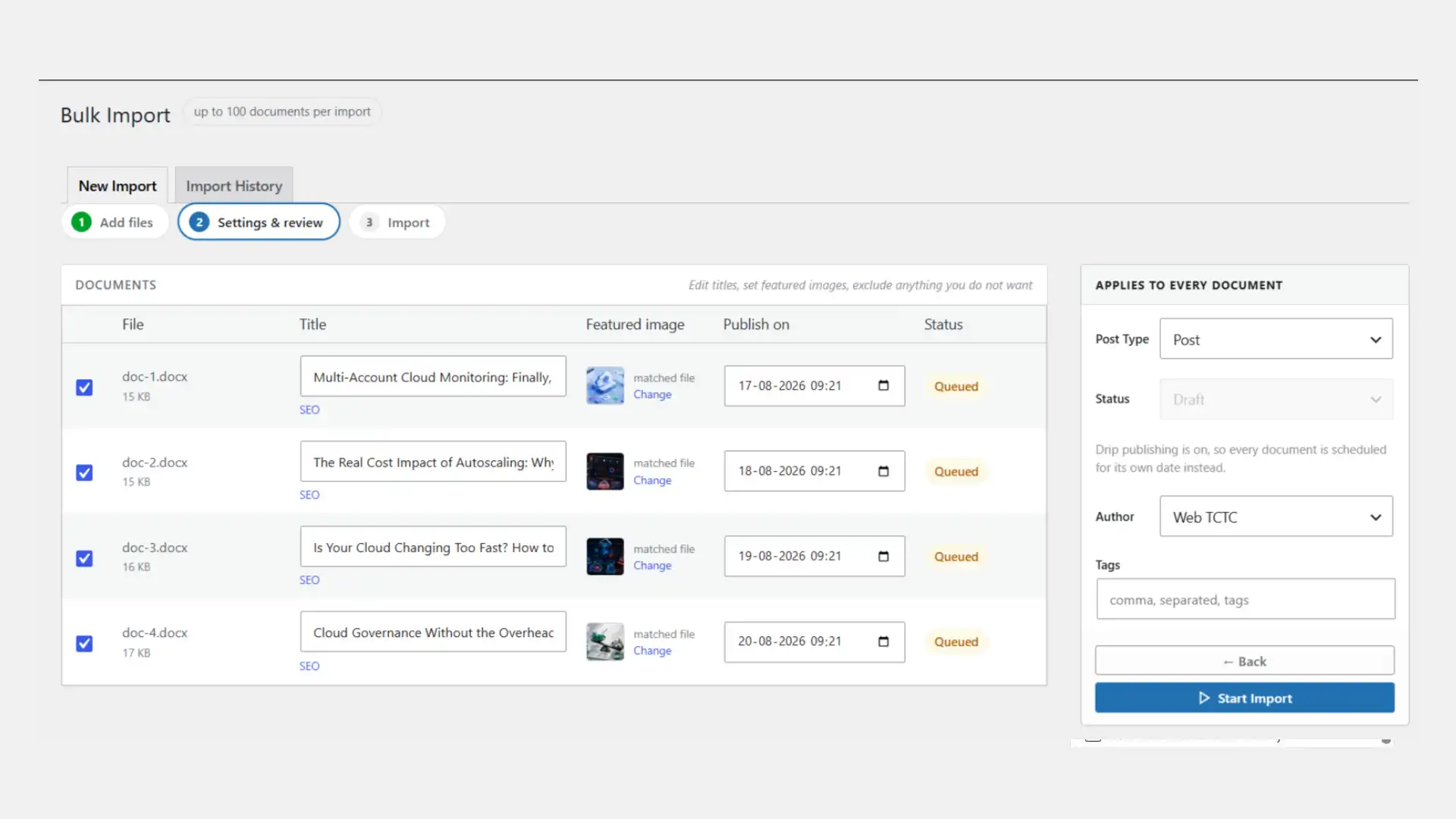 Bulk import review table with a Publish on date picker against each document, scheduled a day apart, and a note that drip publishing is on