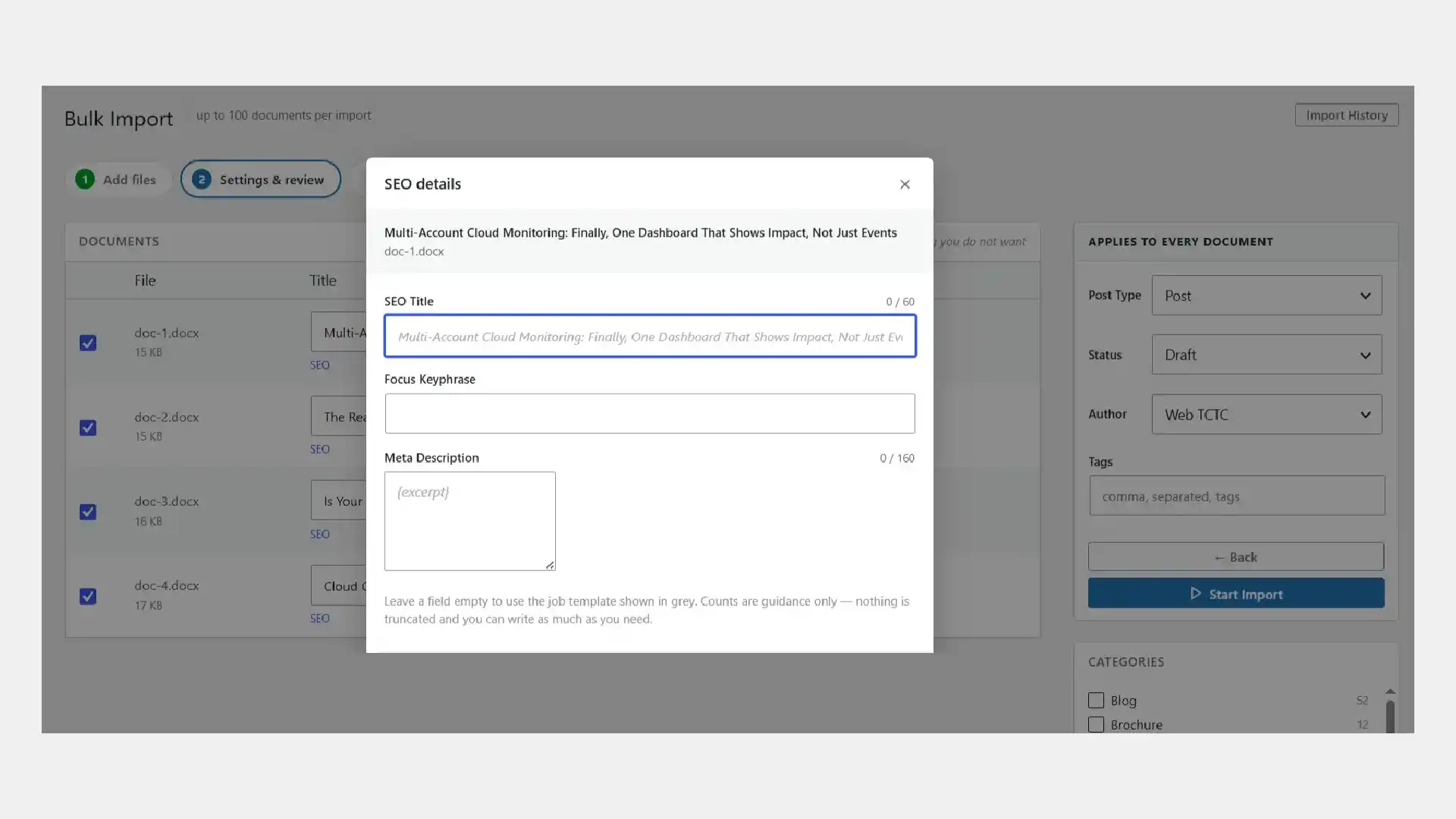 SEO details modal showing SEO title, focus keyphrase and meta description fields for a single document, with placeholder text from the job template