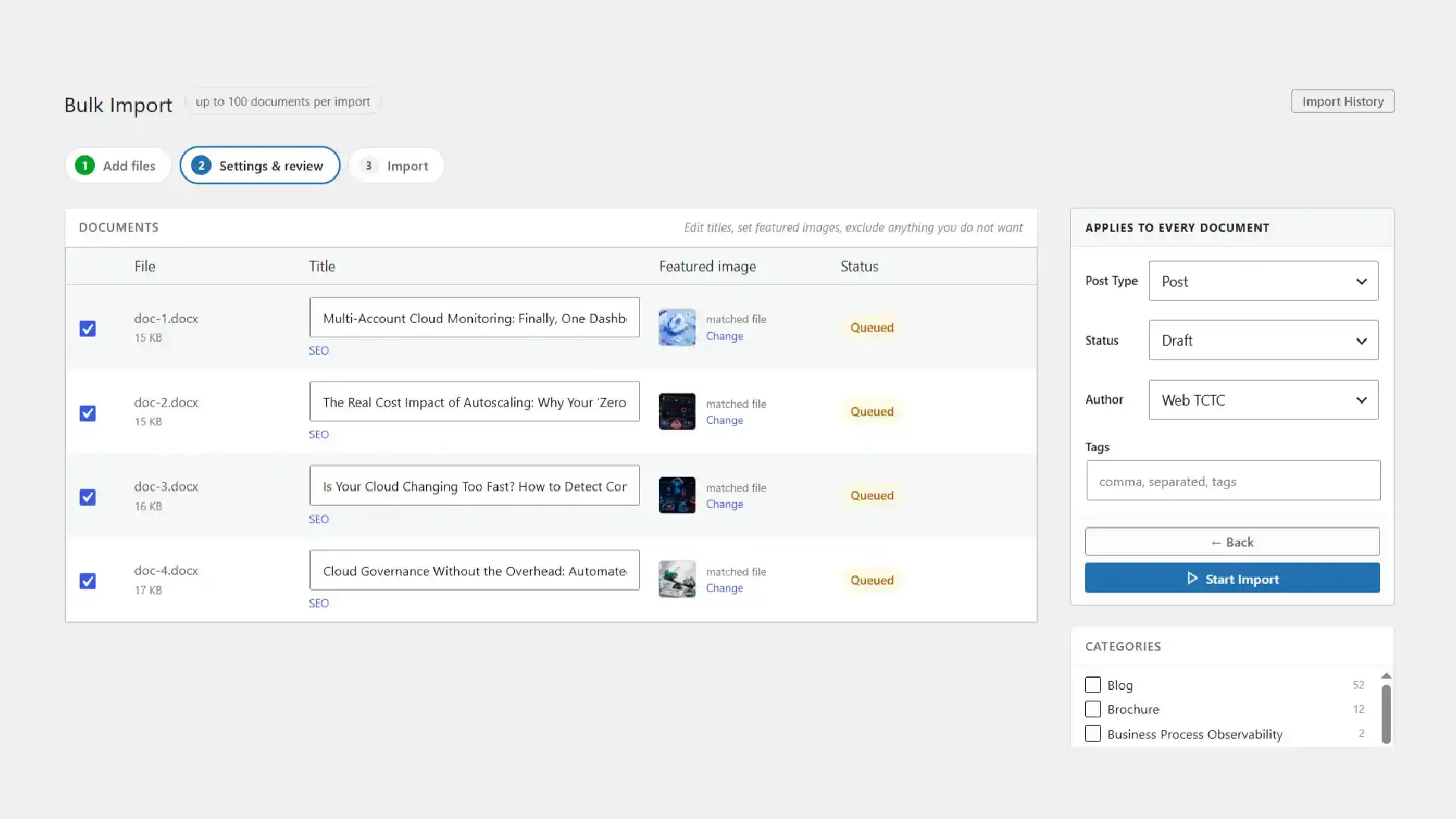 Review table listing four documents with editable titles, matched featured image thumbnails and Queued status, beside a settings panel for post type, status, author and tags