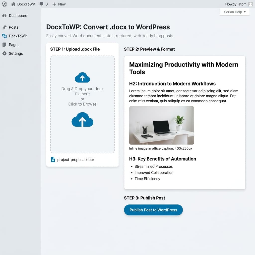 DocxToWP Plugin Interface Mockup